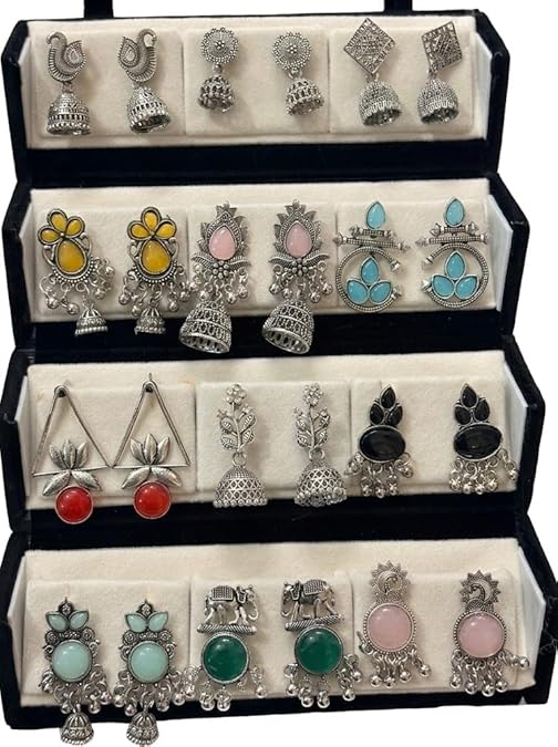 Ishq-E-Jhumka Oxidized Designer Earrings Set of 12 With Folding Jewelry Box | Minimalist & Traditional Jhumka Set for Womens & Girls